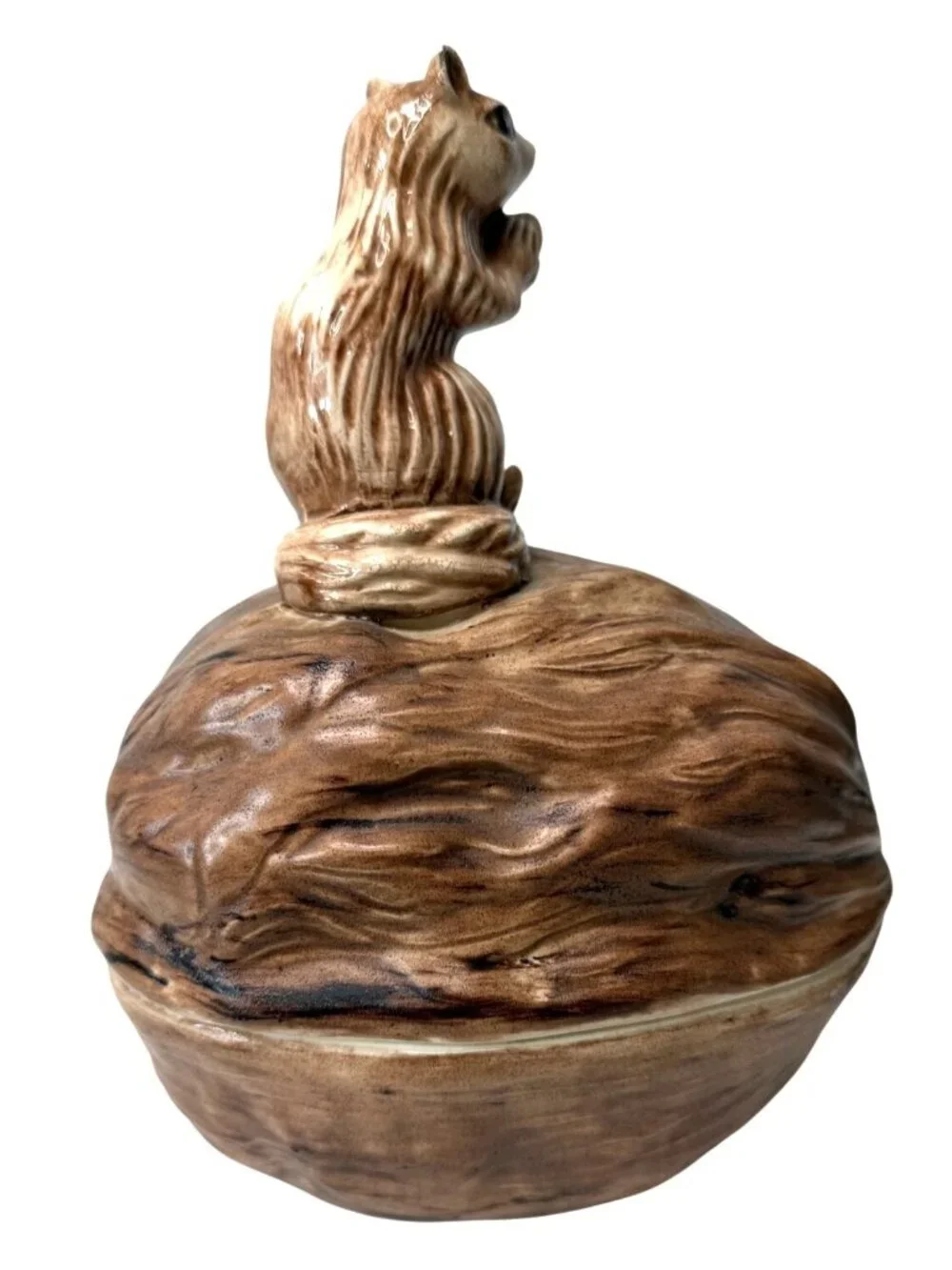 Vintage Ceramic Squirrel on Walnut Lidded Dish - Mid-Century Candy Bowl, Woodlan